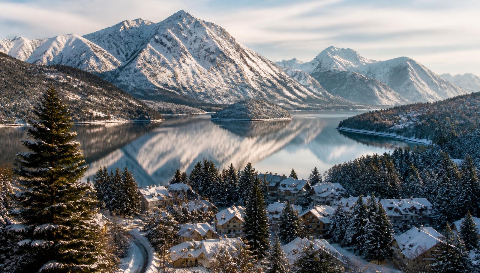 Montanhas nevadas dos Andes refletidas no lago Nahuel Huapi, com casas de Bariloche cobertas de neve entre pinheiros