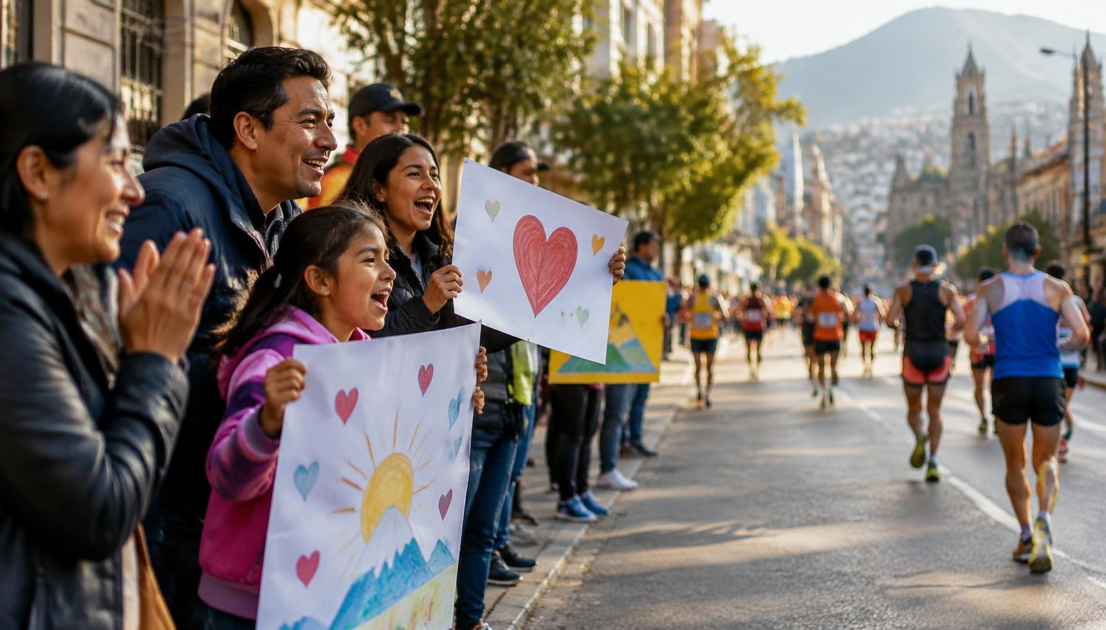 Imagem ilustrativa de família torcendo com cartazes na calçada durante uma maratona
