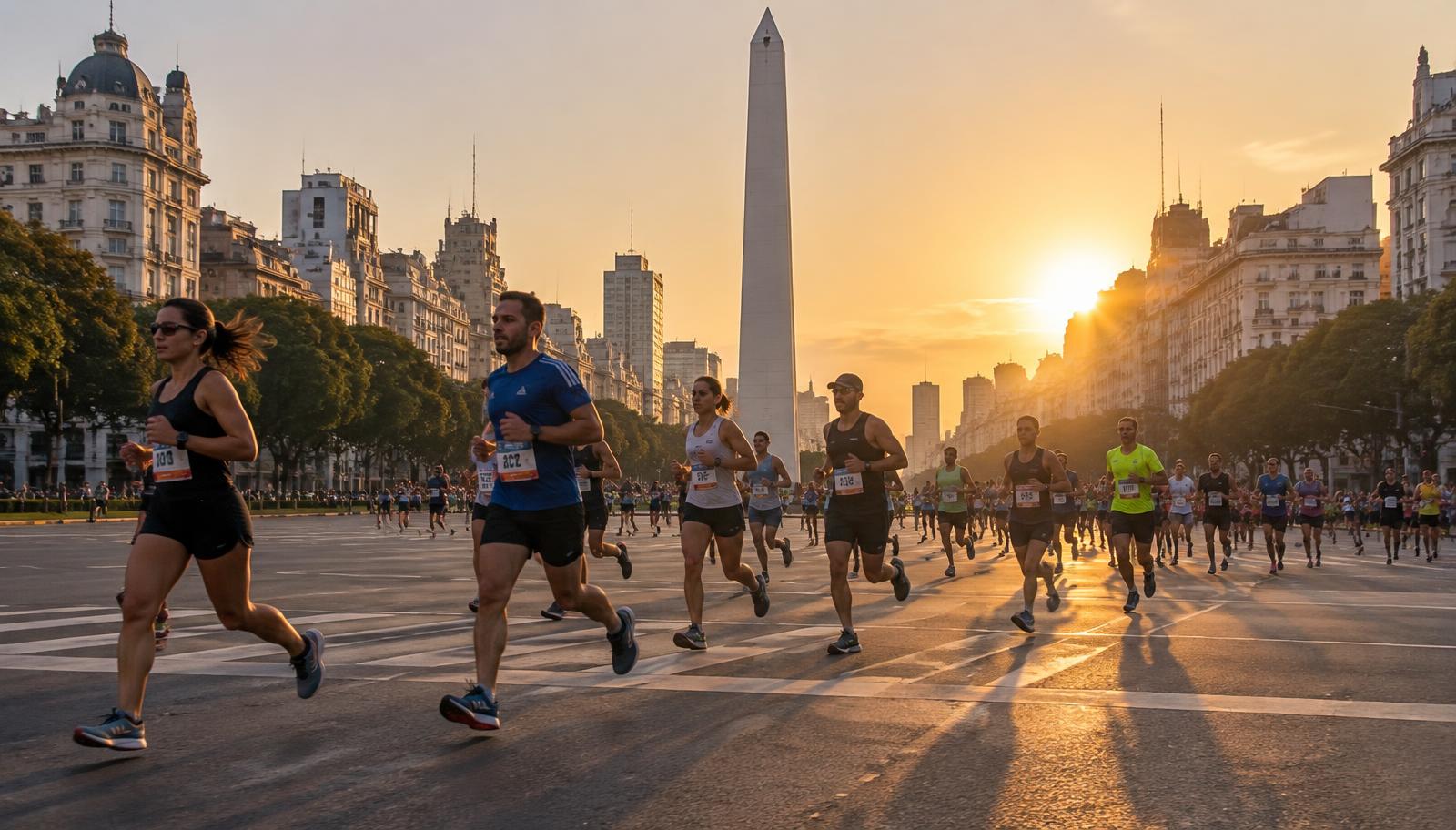 Corredores em avenida larga de Buenos Aires ao amanhecer, com o Obelisco ao fundo durante uma maratona urbana