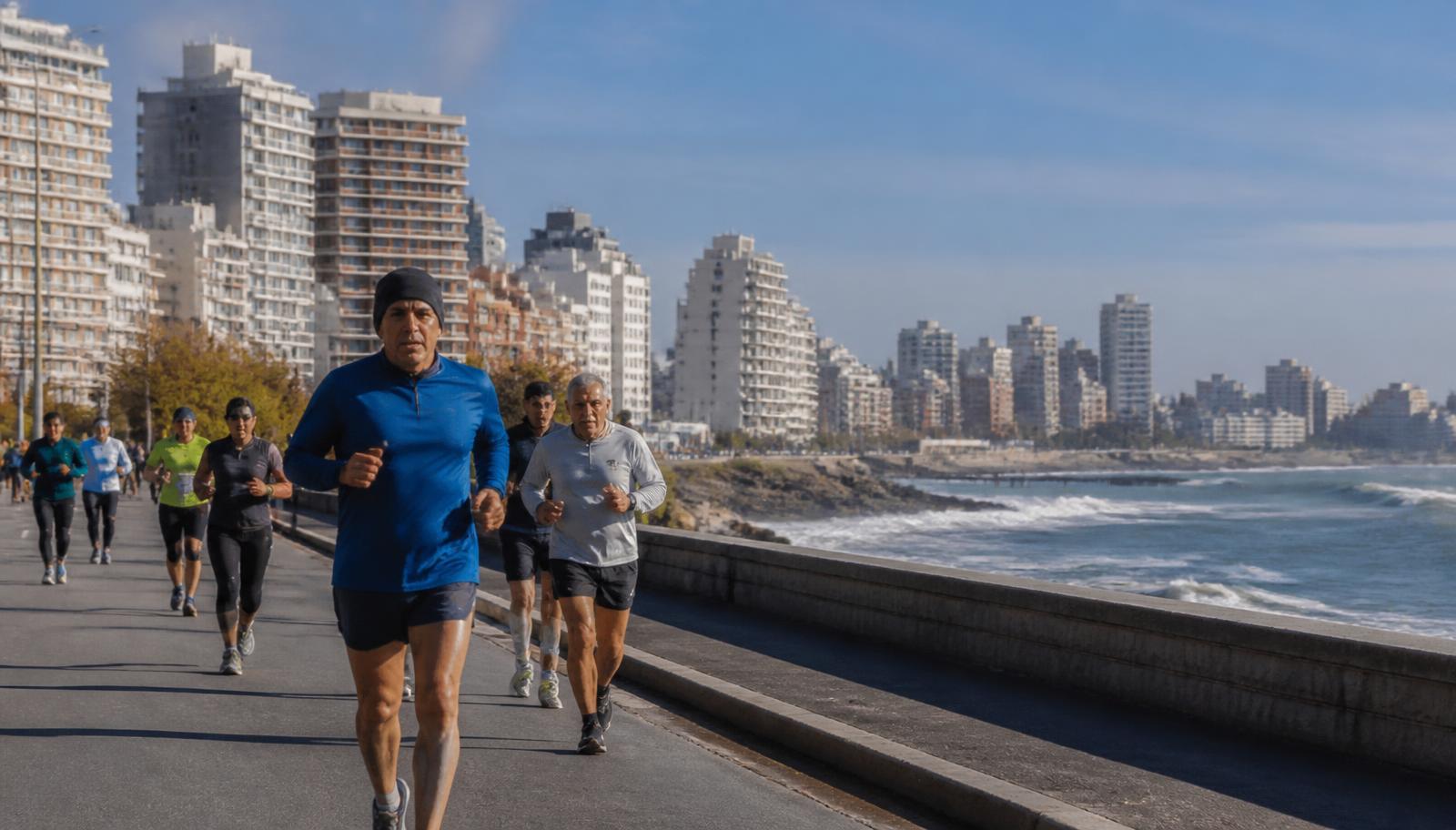 Corredores no calçadão à beira-mar de Mar del Plata em manhã de outono, com prédios da orla e ondas ao fundo